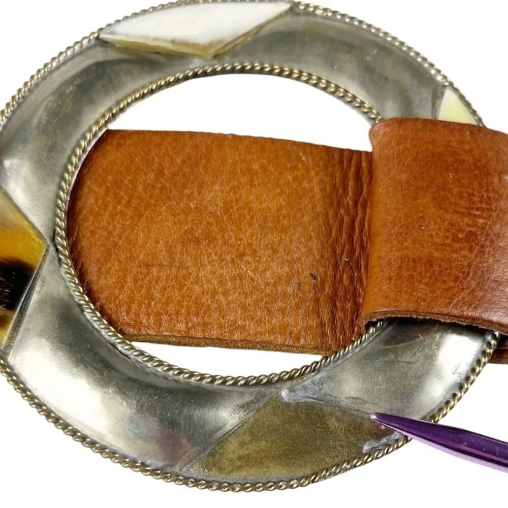 Chico's Genuine Leather Belt Size Medium Tan Statement Buckle Boho Cowgirl